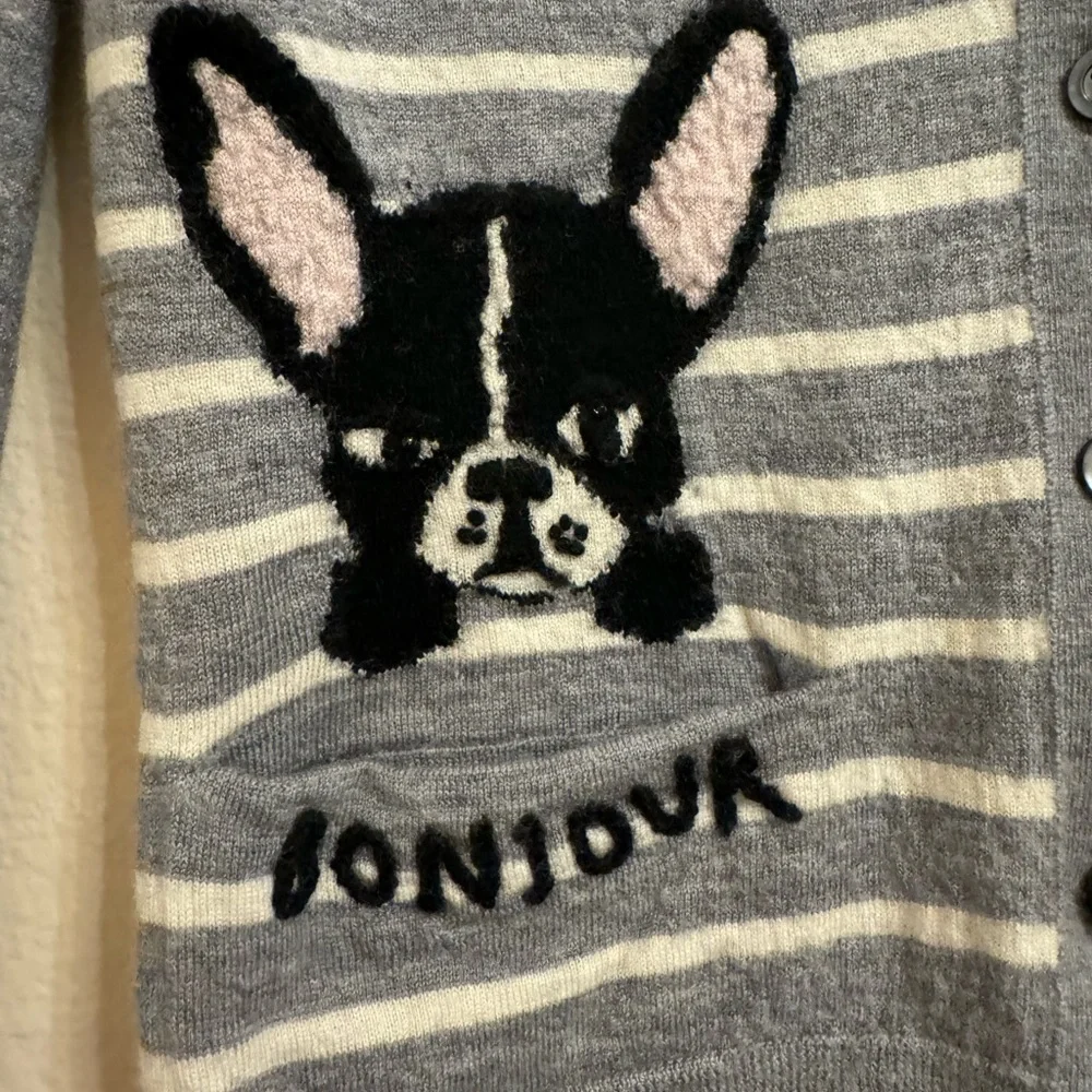 Kate Spade Broome Street Frenchie Bulldog Antoine Gray Wool Cardigan Sweater